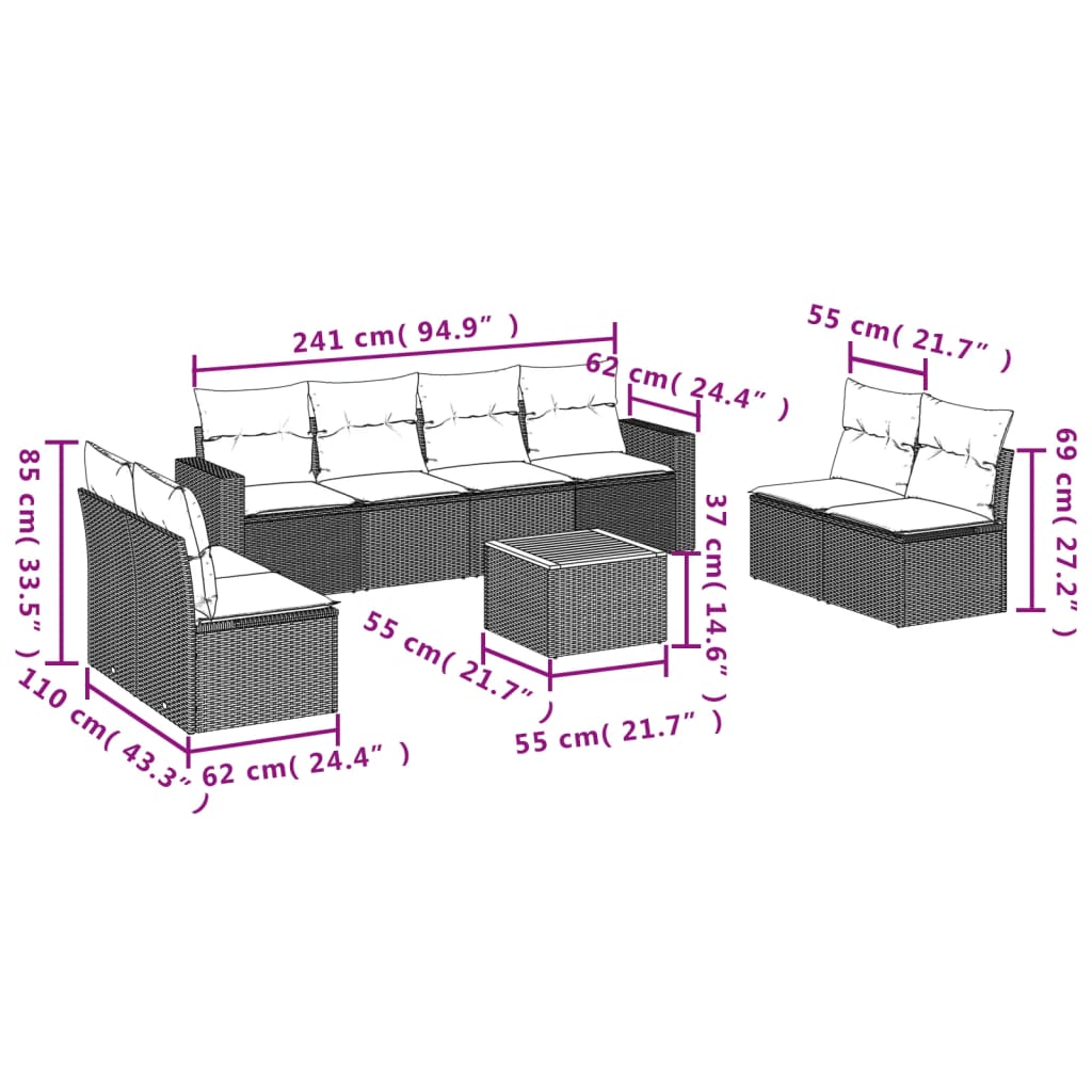 9 Pcs conjunto de sofás p/ jardim com almofadões vime PE bege