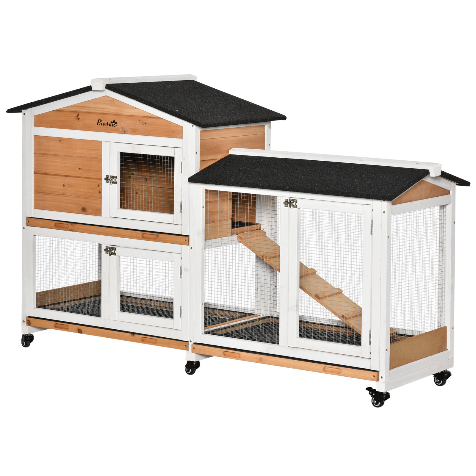 Casota para coelhos exterior 157,4x53x99,5 cm jaula grande com rodas, telhado asfáltico, tabuleiros removíveis e rampa natural