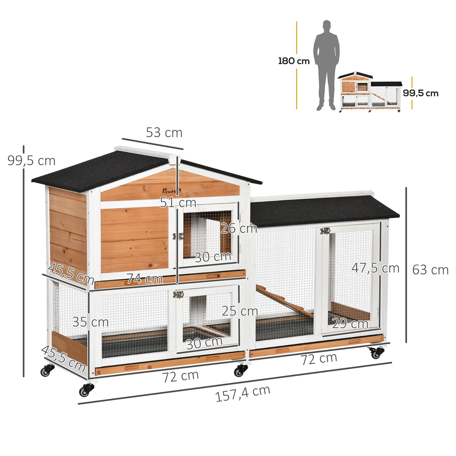Casota para coelhos exterior 157,4x53x99,5 cm jaula grande com rodas, telhado asfáltico, tabuleiros removíveis e rampa natural