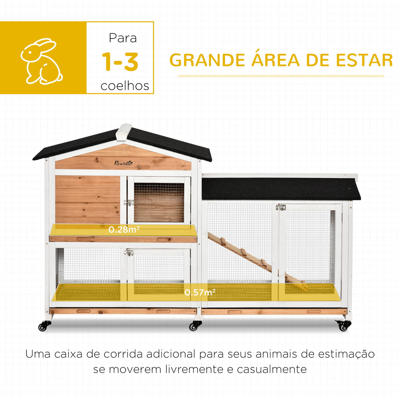 Casota para coelhos exterior 157,4x53x99,5 cm jaula grande com rodas, telhado asfáltico, tabuleiros removíveis e rampa natural
