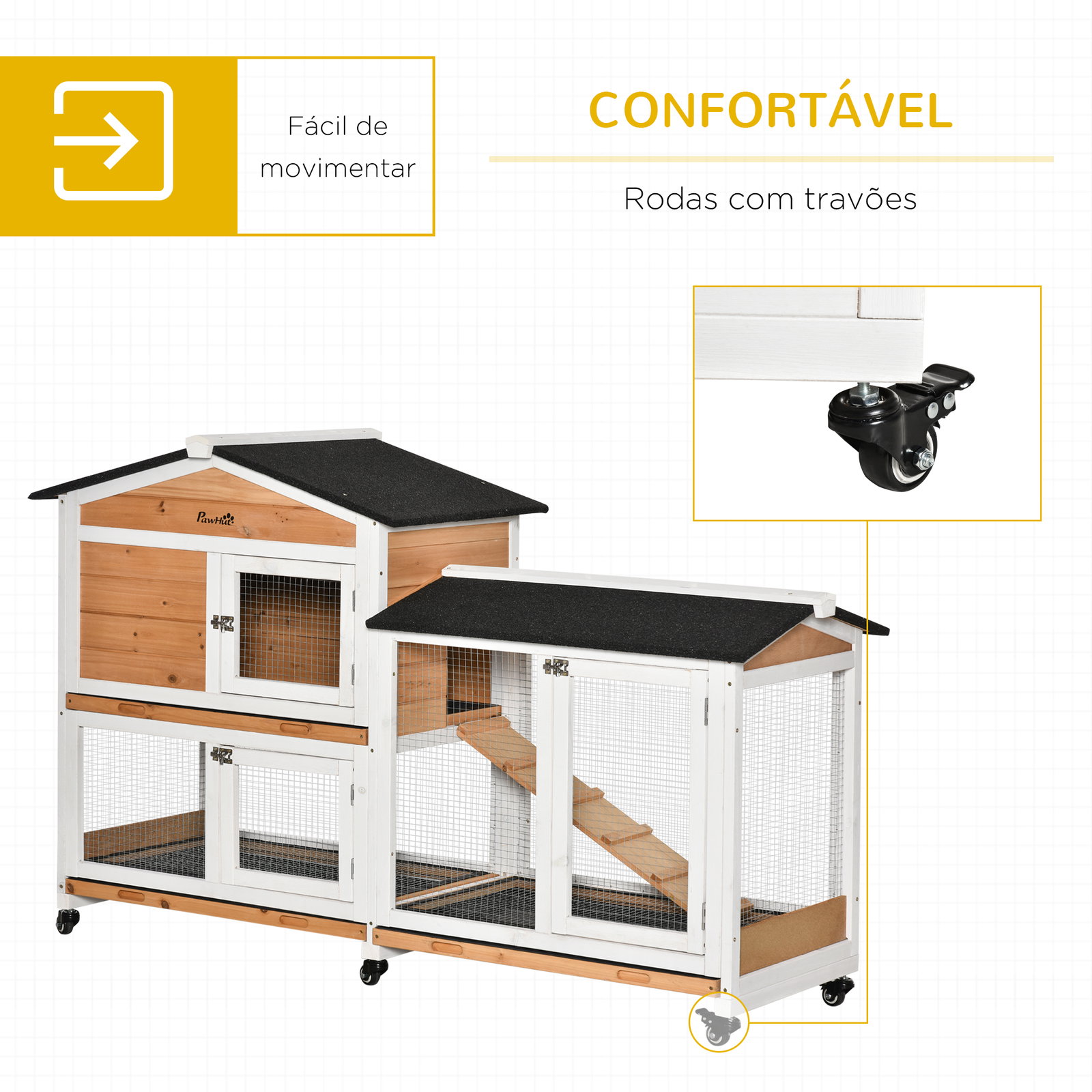Casota para coelhos exterior 157,4x53x99,5 cm jaula grande com rodas, telhado asfáltico, tabuleiros removíveis e rampa natural