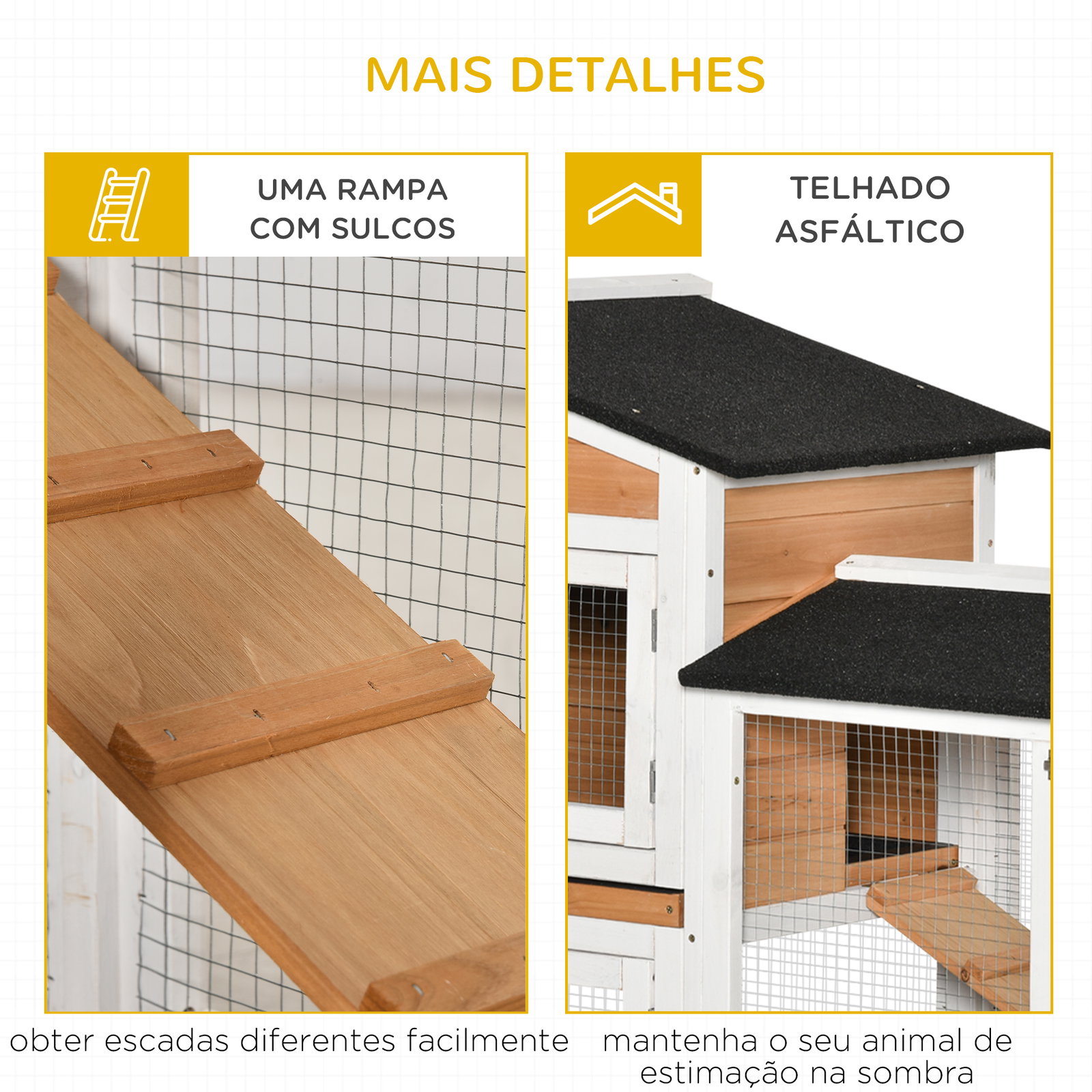 Casota para coelhos exterior 157,4x53x99,5 cm jaula grande com rodas, telhado asfáltico, tabuleiros removíveis e rampa natural