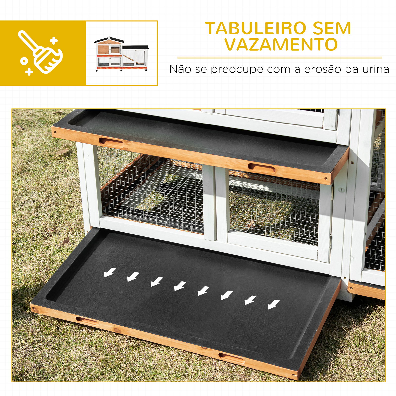 Casota para coelhos exterior 157,4x53x99,5 cm jaula grande com rodas, telhado asfáltico, tabuleiros removíveis e rampa natural