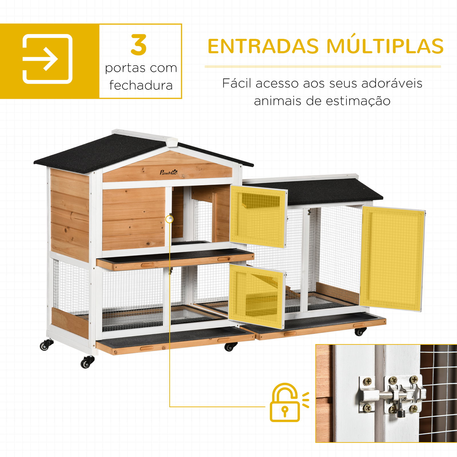 Casota para coelhos exterior 157,4x53x99,5 cm jaula grande com rodas, telhado asfáltico, tabuleiros removíveis e rampa natural