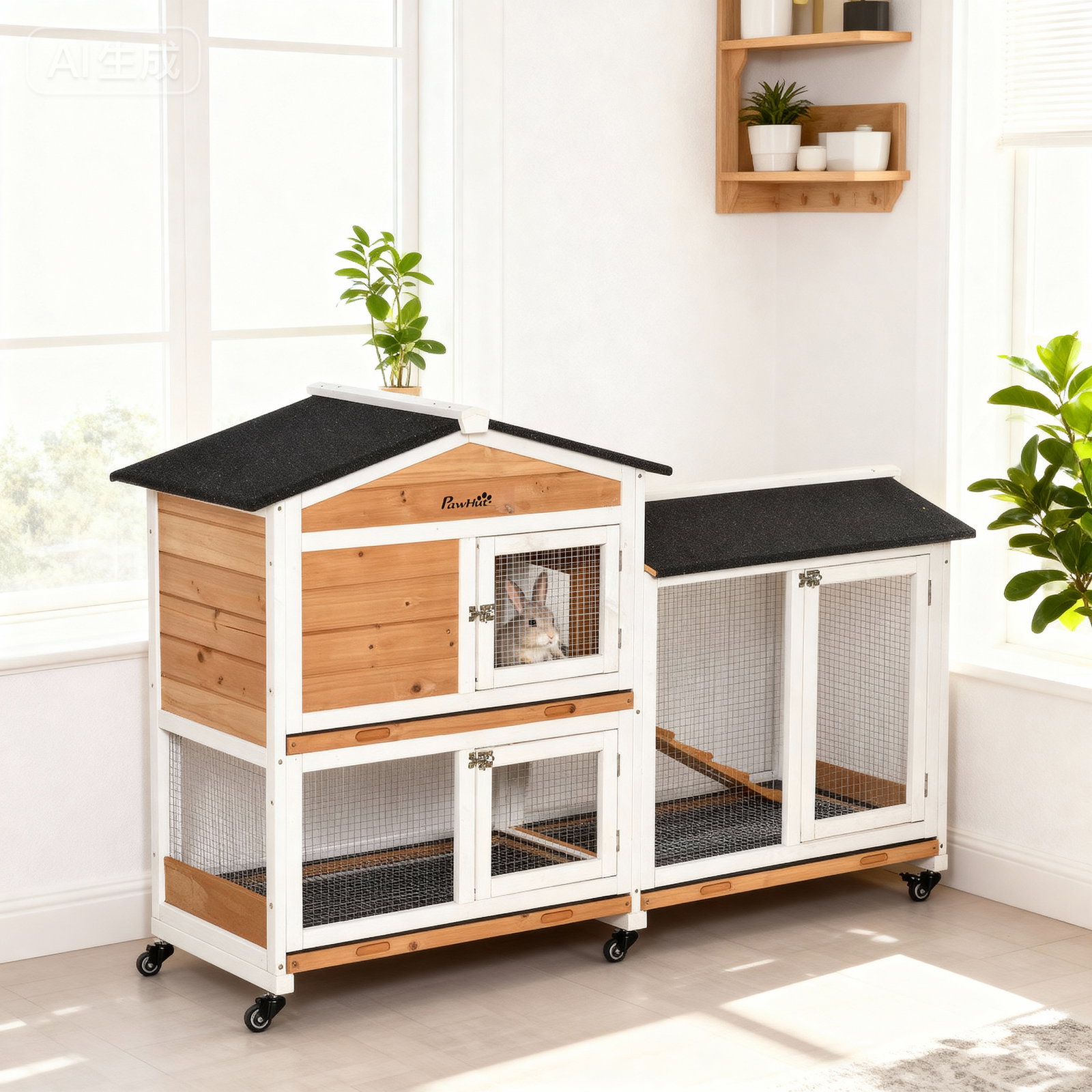 Casota para coelhos exterior 157,4x53x99,5 cm jaula grande com rodas, telhado asfáltico, tabuleiros removíveis e rampa natural