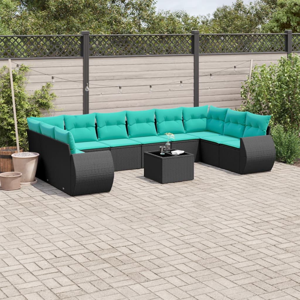 Conjunto de sofá de jardim com 11 peças e almofadas em rattan sintético preto