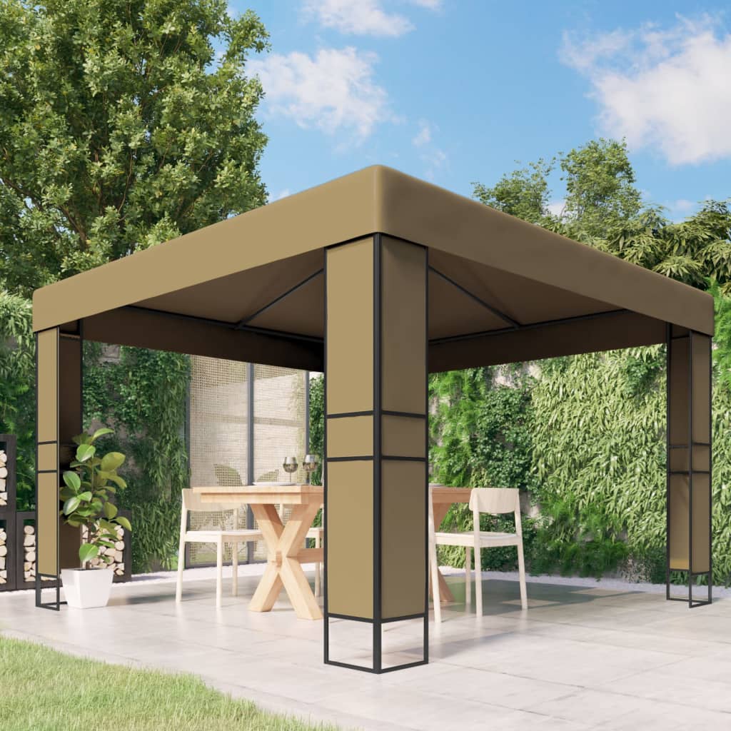 Gazebo c/ telhado duplo 3x3x2,7m 180 g/m² cinzento-acastanhado