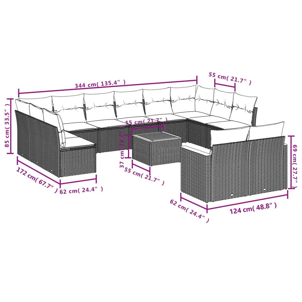 13 Pcs conjunto sofás p/ jardim c/ almofadões vime PE cinzento