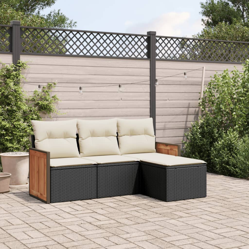 4 Pcs conjunto de sofás para jardim c/ almofadões vime PE preto