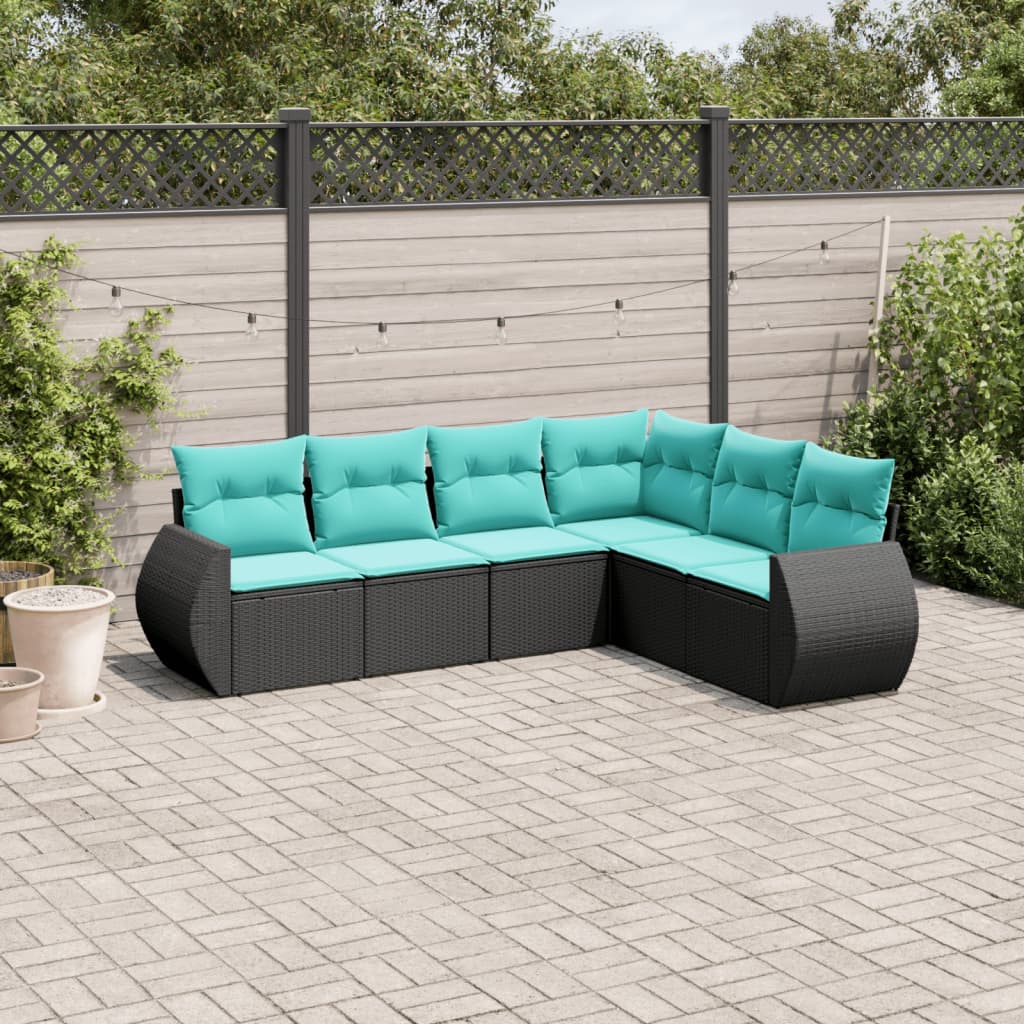 Conjunto de sofá de jardim com 6 peças e almofadas em rattan sintético preto