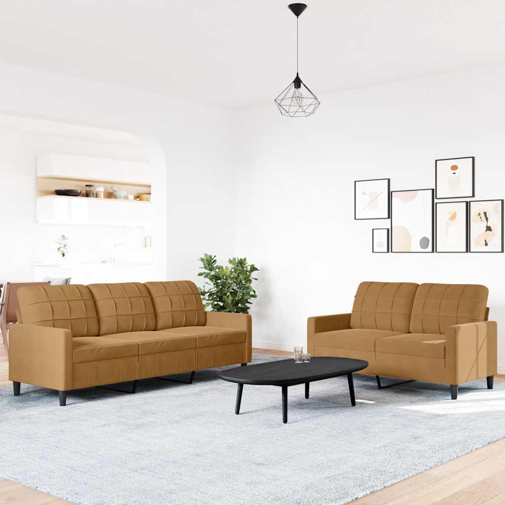 2 Pcs conjunto de sofás com almofadões veludo castanho