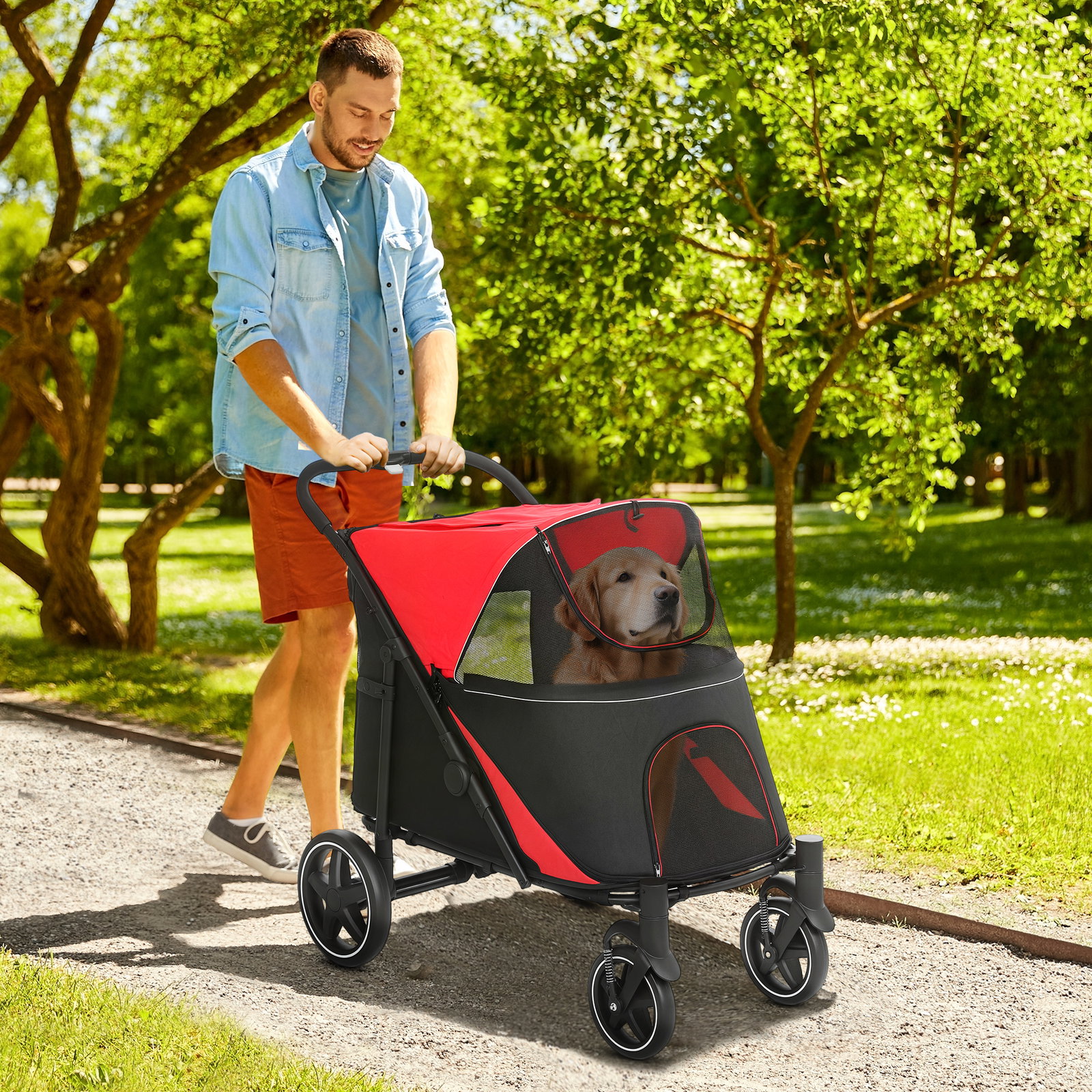 Carrinho para cães dobrável com janelas de malha cinto de segurança e bolsos de armazenamento 112x65x100 cm vermelho