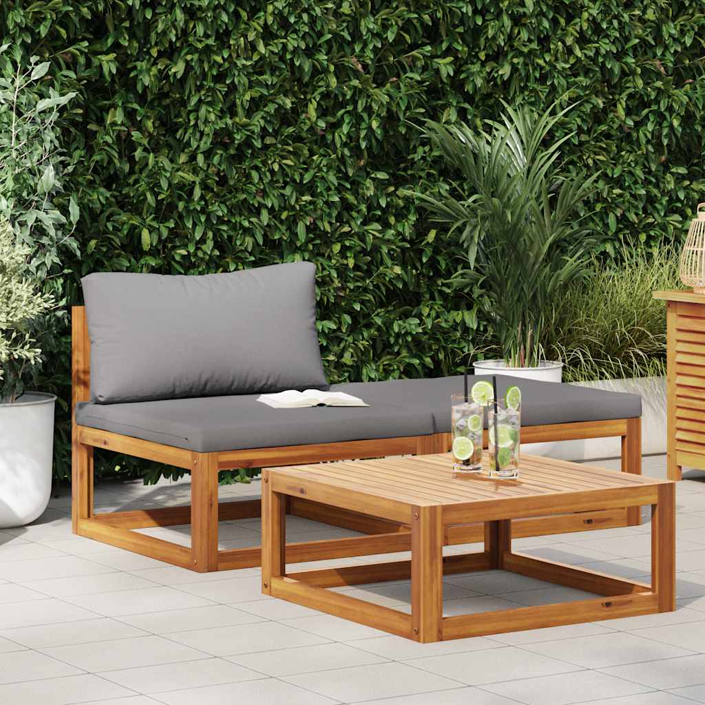 3 Pcs conjunto lounge de jardim c/ almofadões acácia maciça