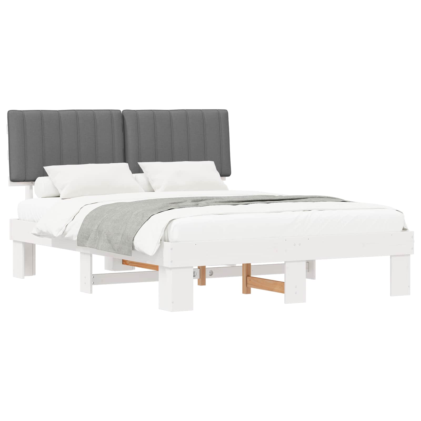 Estrutura de cama com cabeceira estofada cinzento-claro