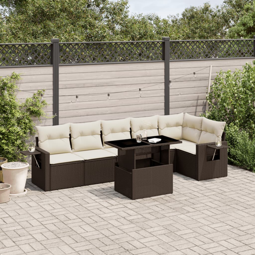 7 Pcs conjunto de sofás jardim c/ almofadões vime PE castanho
