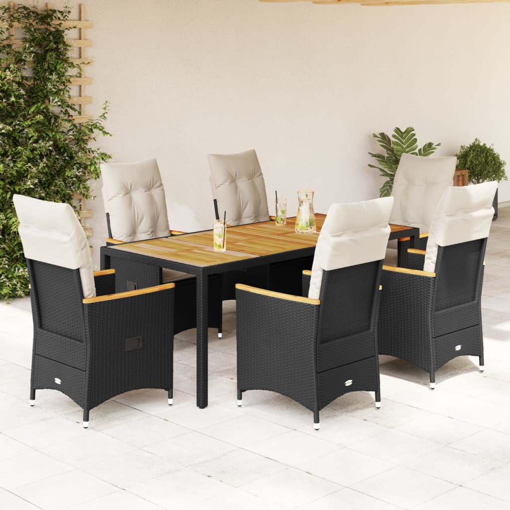 7 Pcs conjunto de jantar p/ jardim c/ almofadões vime PE preto