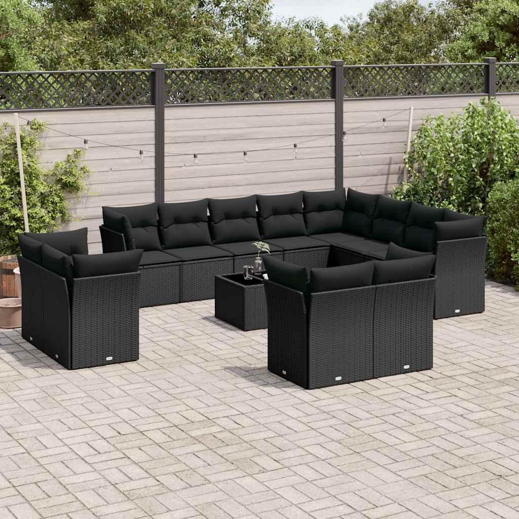 13 Pcs conjunto de sofás de jardim com almofadões vime PE preto