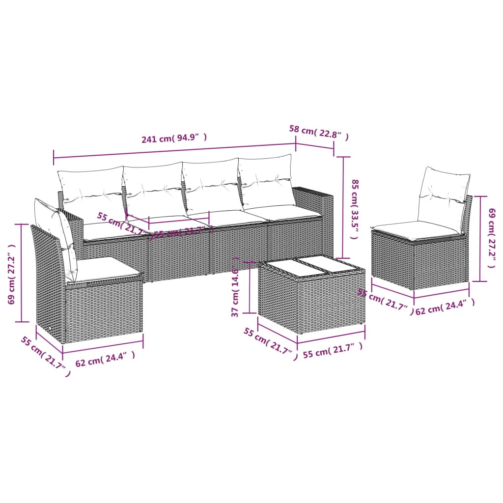 7 Pcs conjunto de sofás p/ jardim com almofadões vime PE bege
