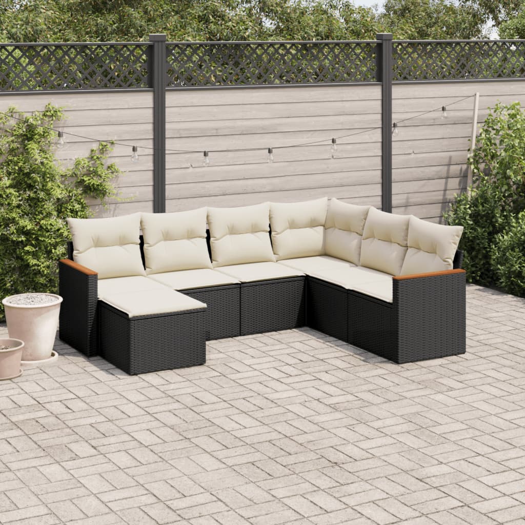 7 Pcs conjunto de sofás p/ jardim c/ almofadões vime PE preto