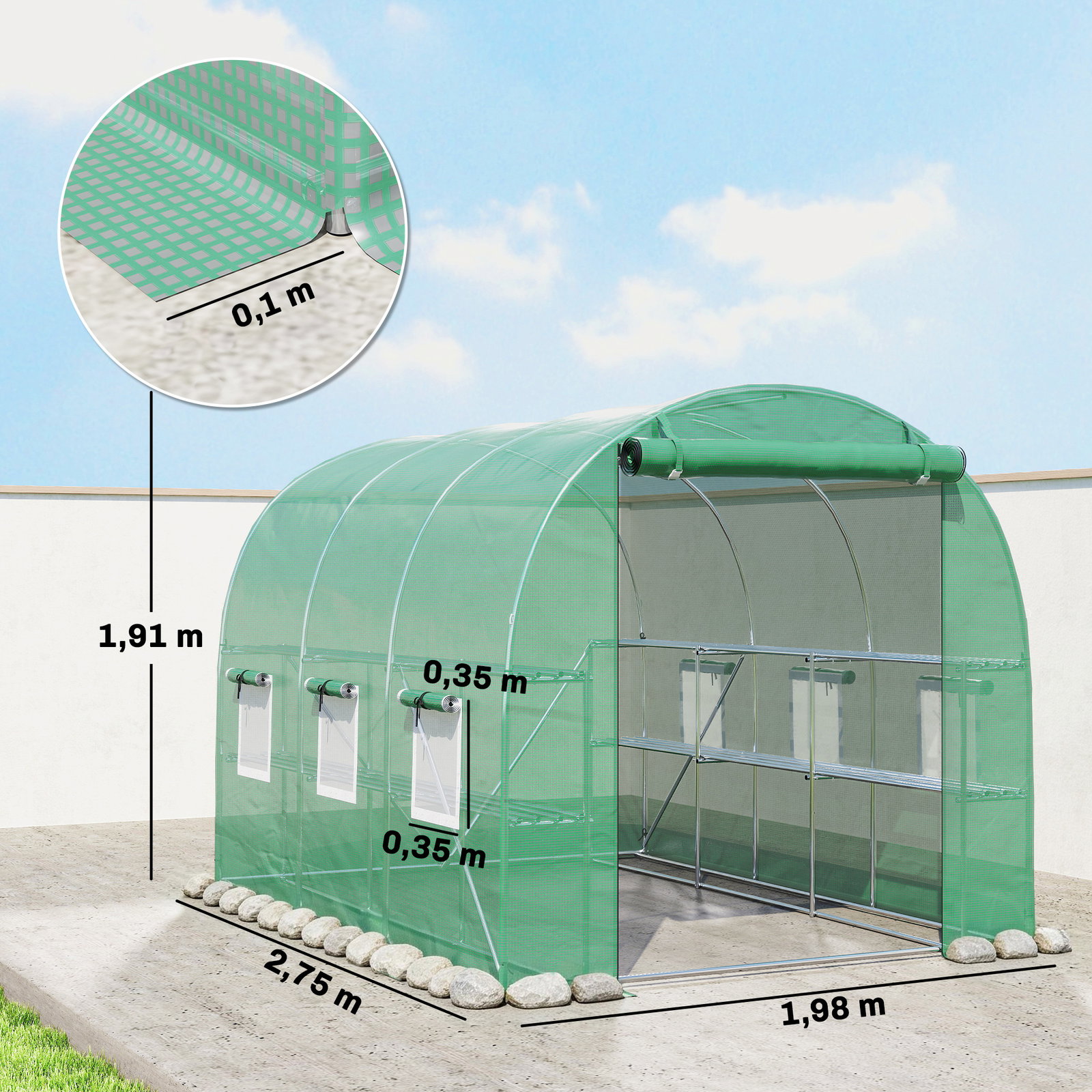 Estufa tipo túnel 2,8x2x1,9 m com prateleiras estufa de jardim com porta enrolável, 6 janelas de rede verde