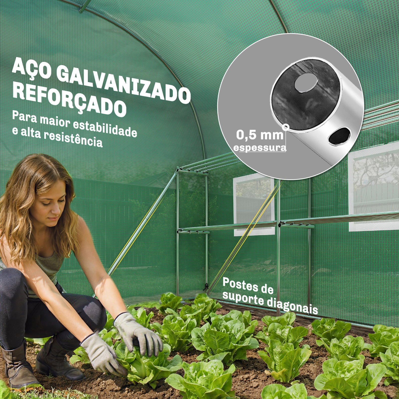 Estufa tipo túnel 2,8x2x1,9 m com prateleiras estufa de jardim com porta enrolável, 6 janelas de rede verde