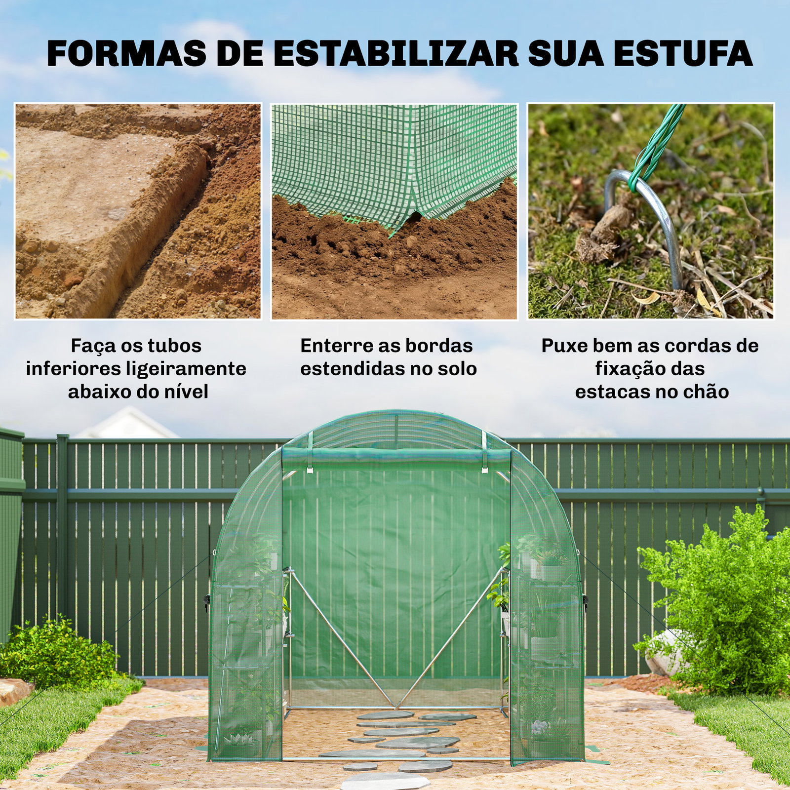 Estufa tipo túnel 2,8x2x1,9 m com prateleiras estufa de jardim com porta enrolável, 6 janelas de rede verde