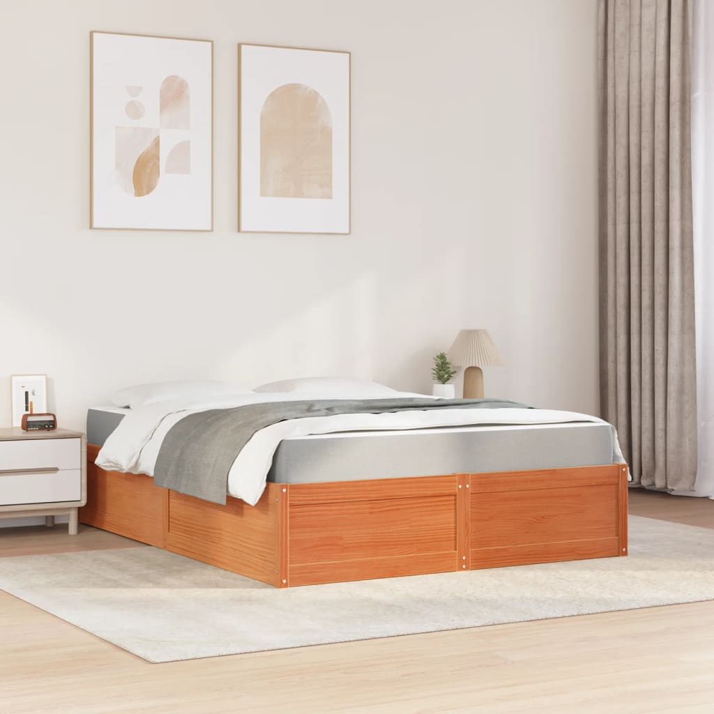 Cama com colchão 160x200 cm madeira pinho maciça castanho-mel
