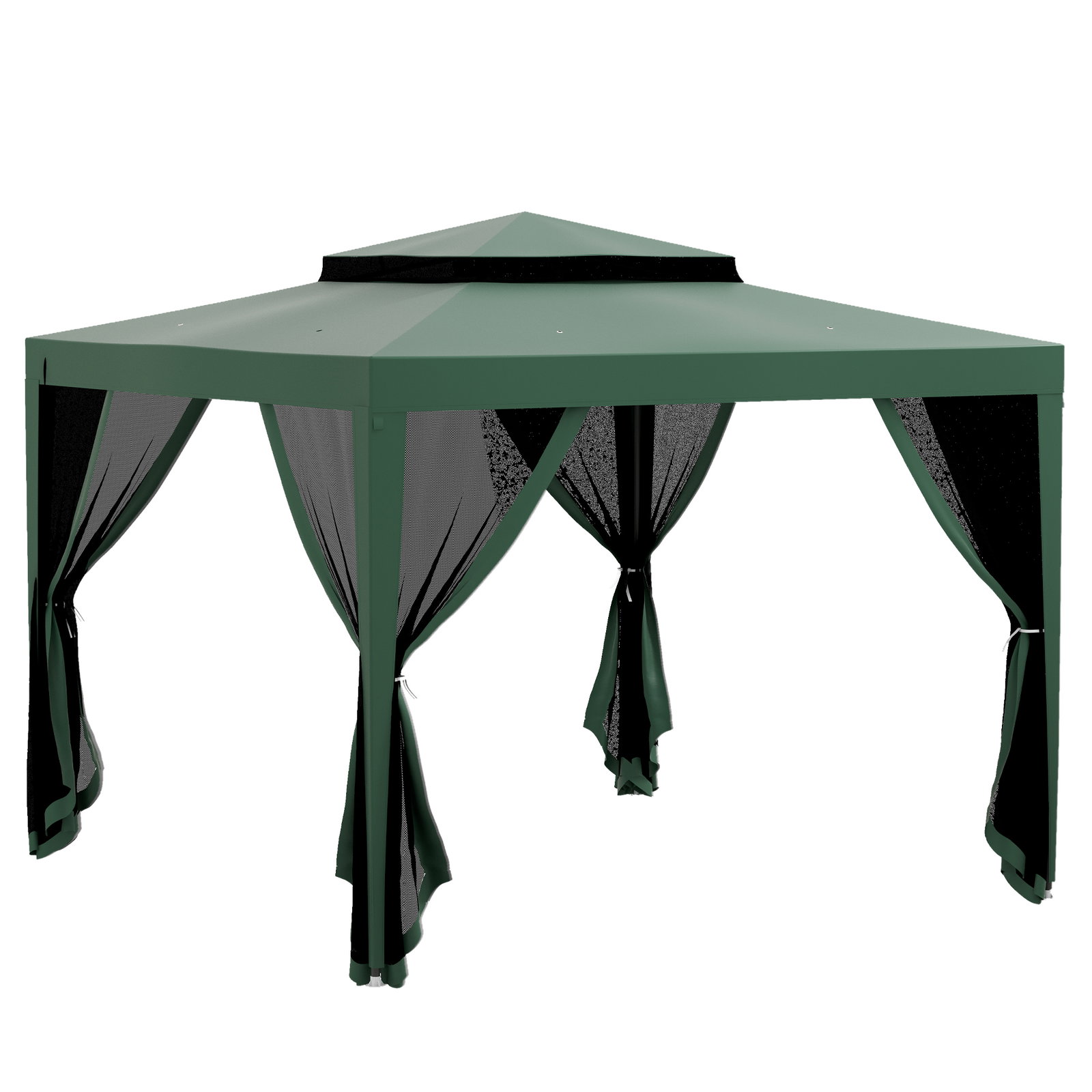 Pérgola de jardim com 4 mosquiteiras teto duplo 8 orifícios de drenagem e estrutura de metal 297x297x268 cm verde