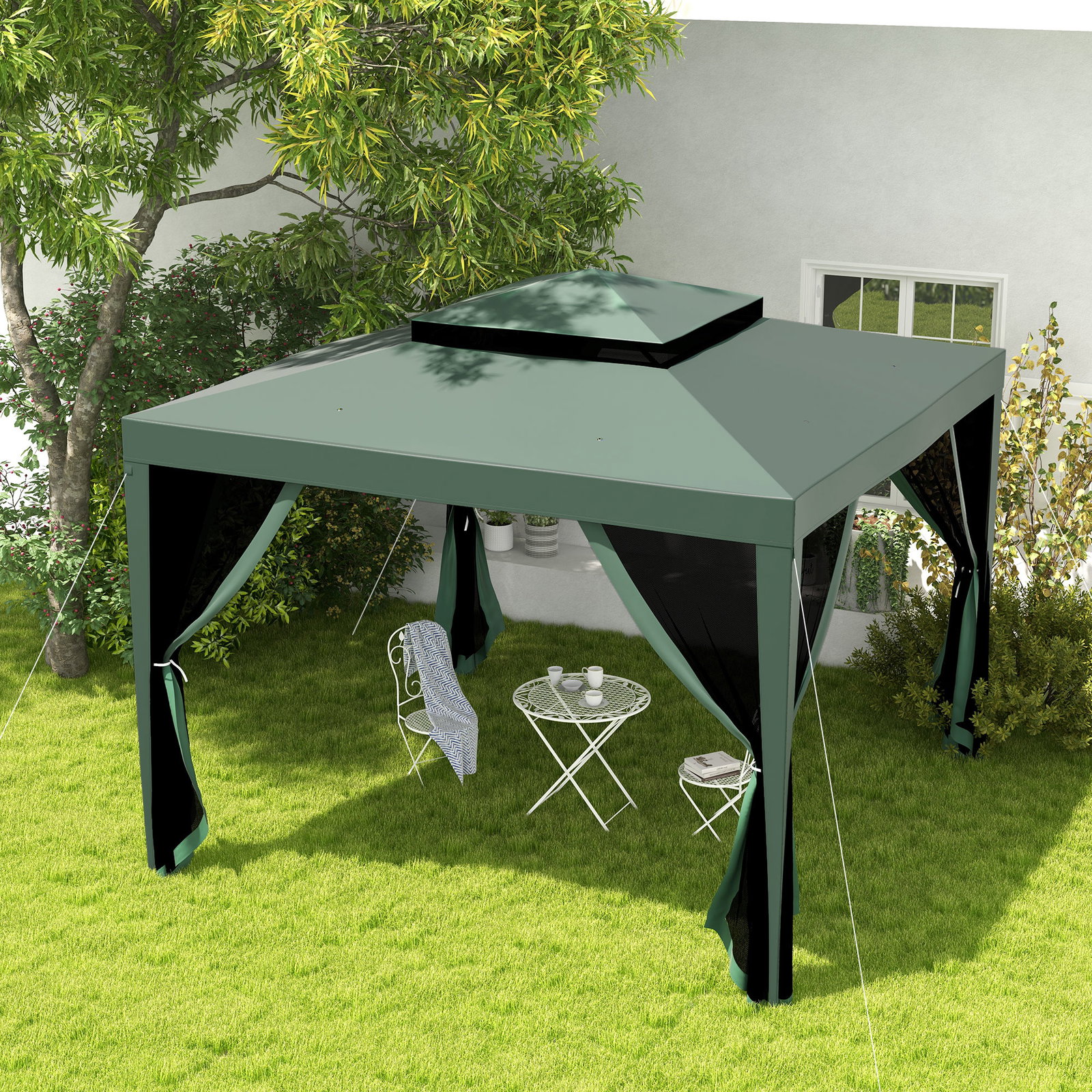 Pérgola de jardim com 4 mosquiteiras teto duplo 8 orifícios de drenagem e estrutura de metal 297x297x268 cm verde