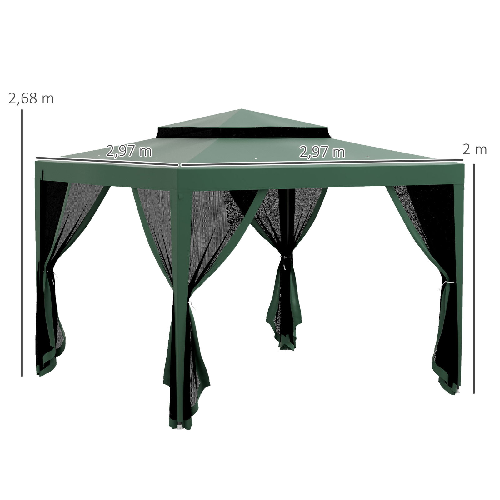 Pérgola de jardim com 4 mosquiteiras teto duplo 8 orifícios de drenagem e estrutura de metal 297x297x268 cm verde