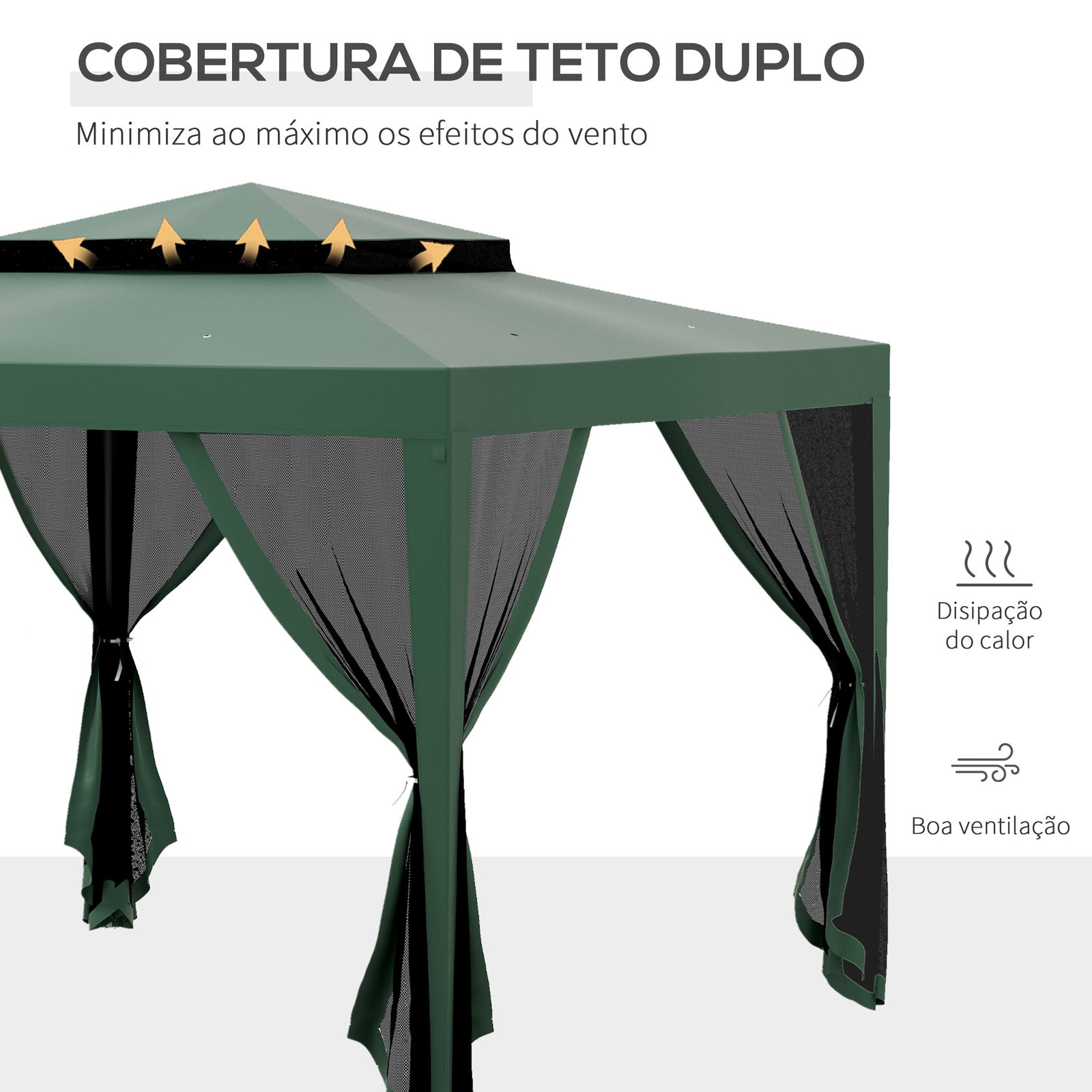 Pérgola de jardim com 4 mosquiteiras teto duplo 8 orifícios de drenagem e estrutura de metal 297x297x268 cm verde