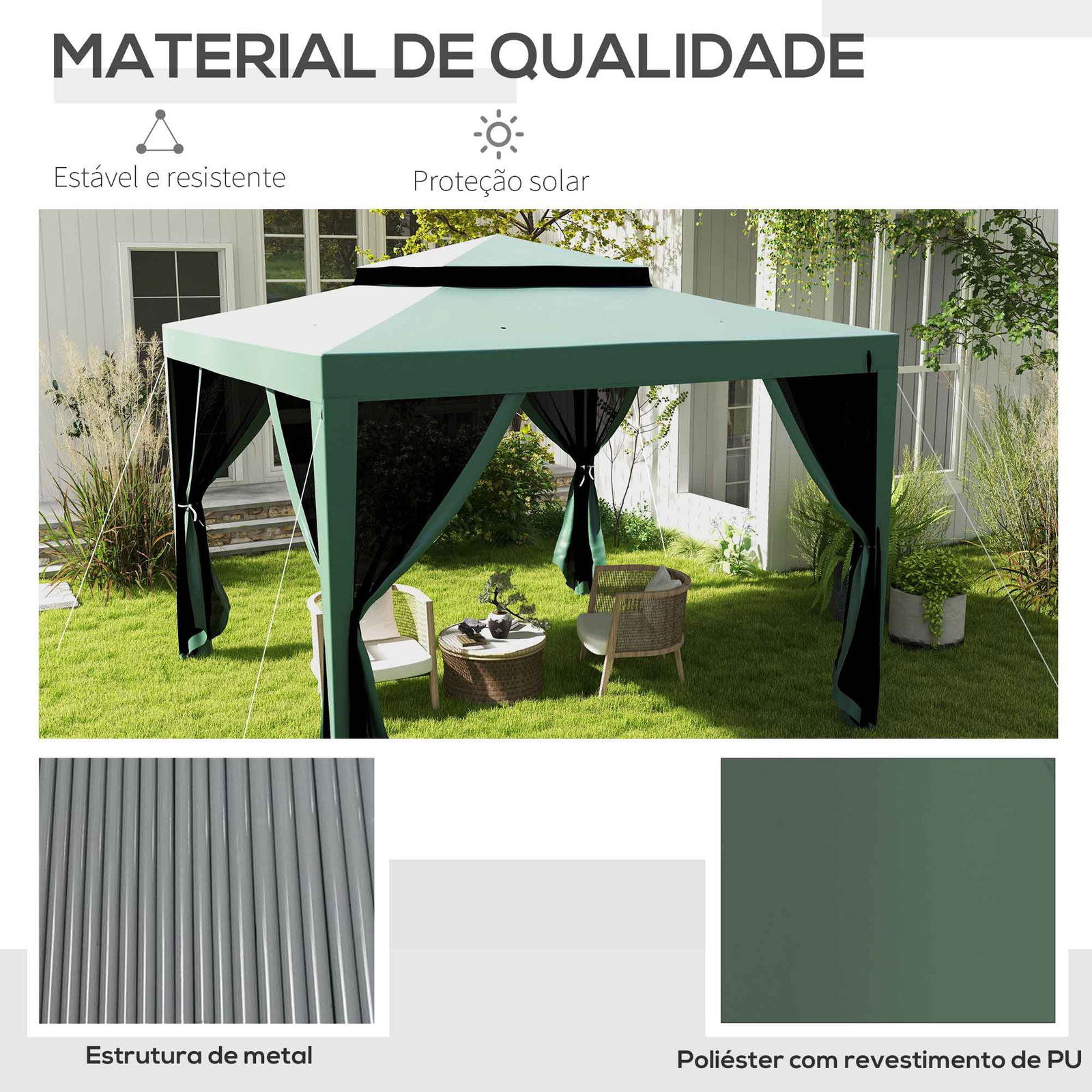 Pérgola de jardim com 4 mosquiteiras teto duplo 8 orifícios de drenagem e estrutura de metal 297x297x268 cm verde