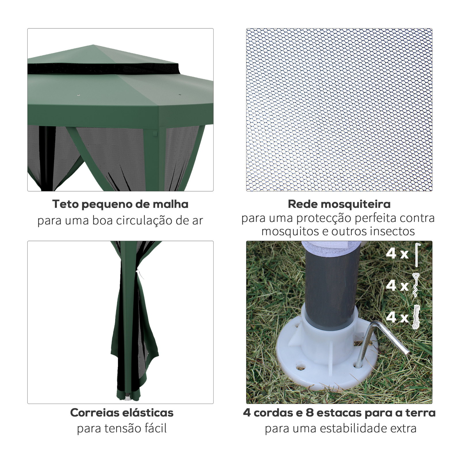 Pérgola de jardim com 4 mosquiteiras teto duplo 8 orifícios de drenagem e estrutura de metal 297x297x268 cm verde