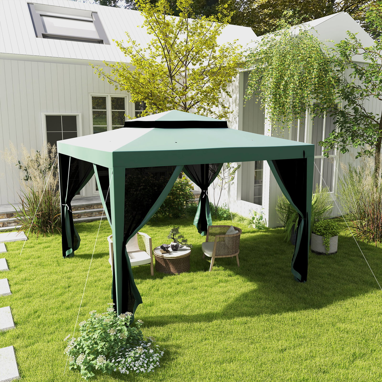 Pérgola de jardim com 4 mosquiteiras teto duplo 8 orifícios de drenagem e estrutura de metal 297x297x268 cm verde