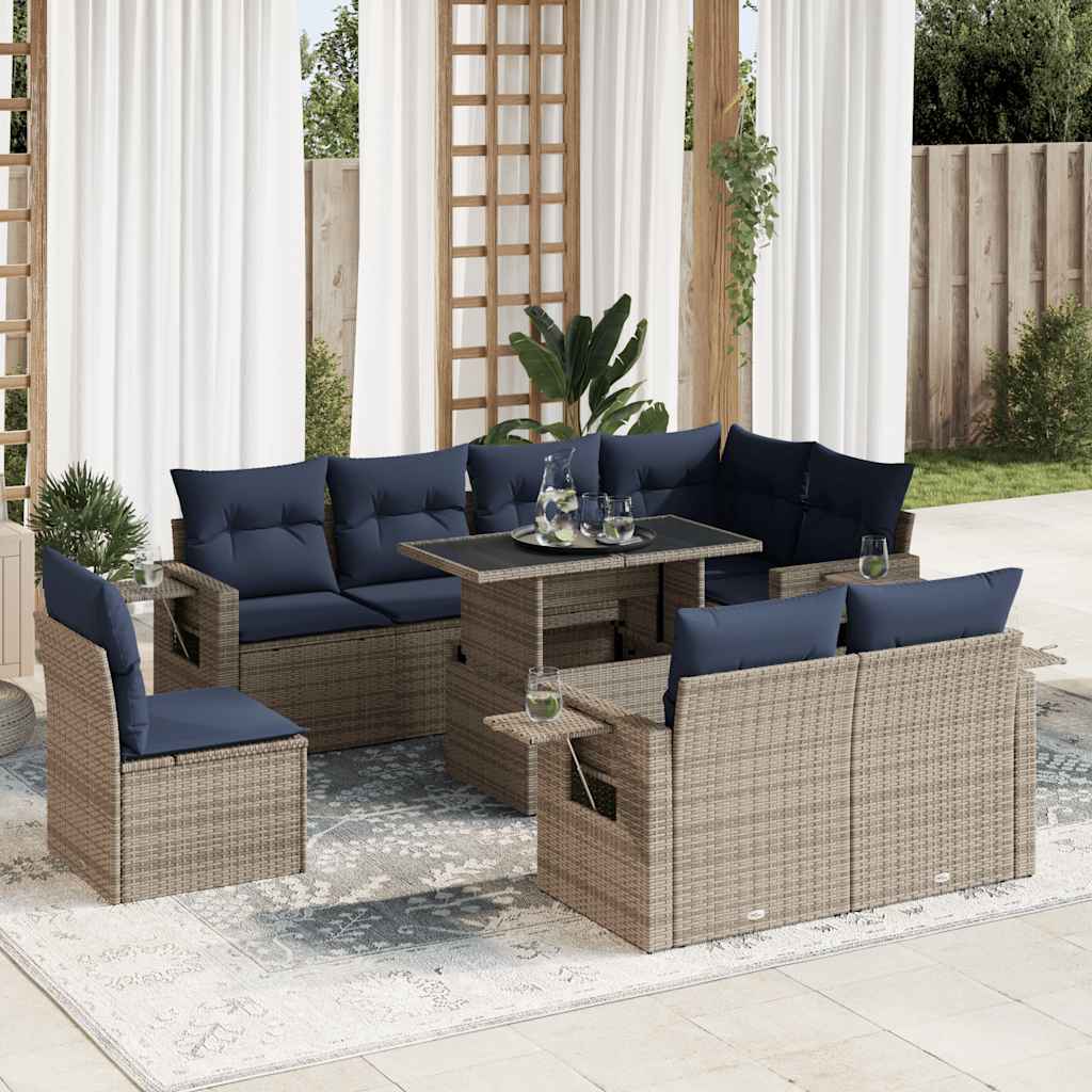 9 Pcs conj. sofás jardim c/ almofadões vime PE cinzento