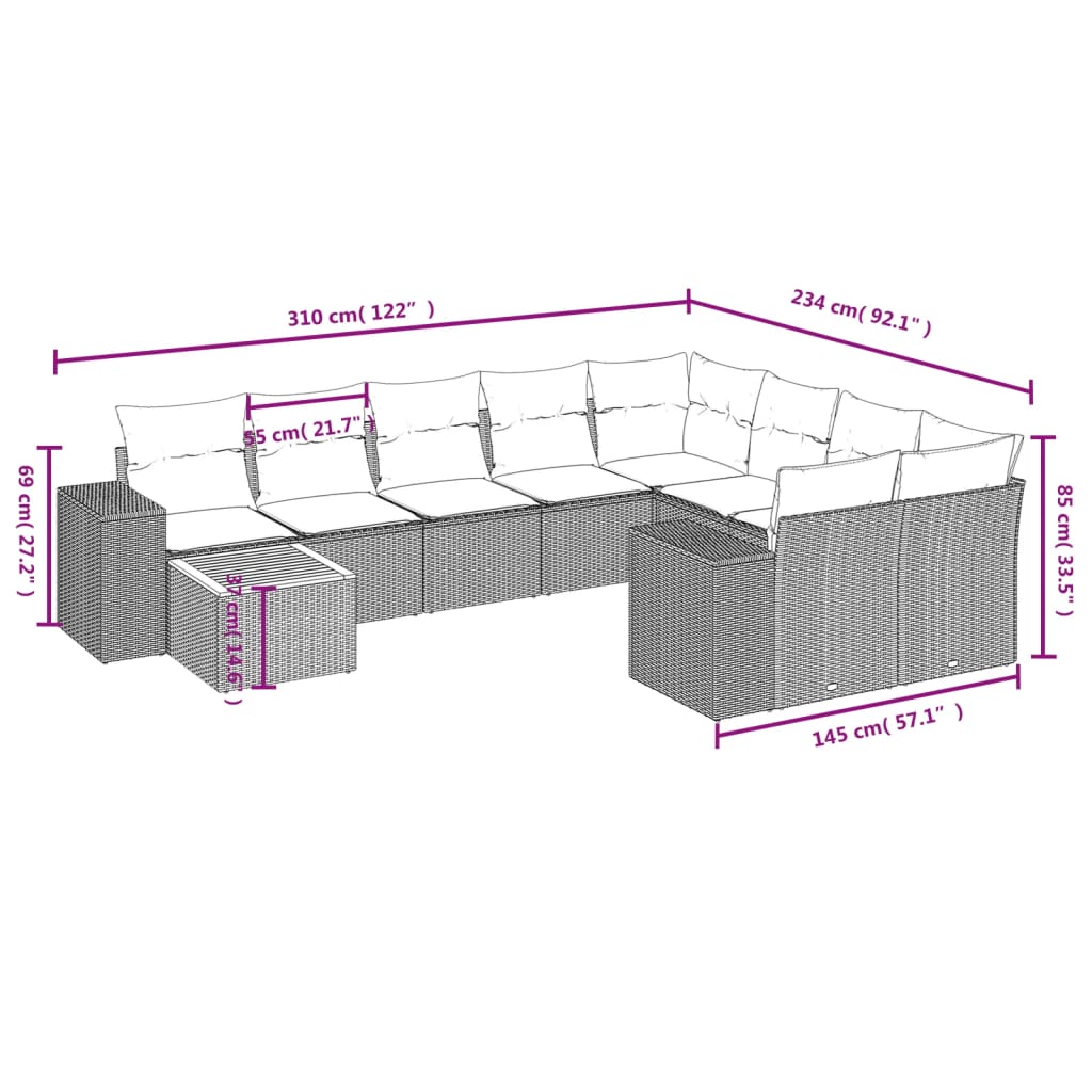 10 Pcs conjunto sofás de jardim c/ almofadões vime PE cinzento