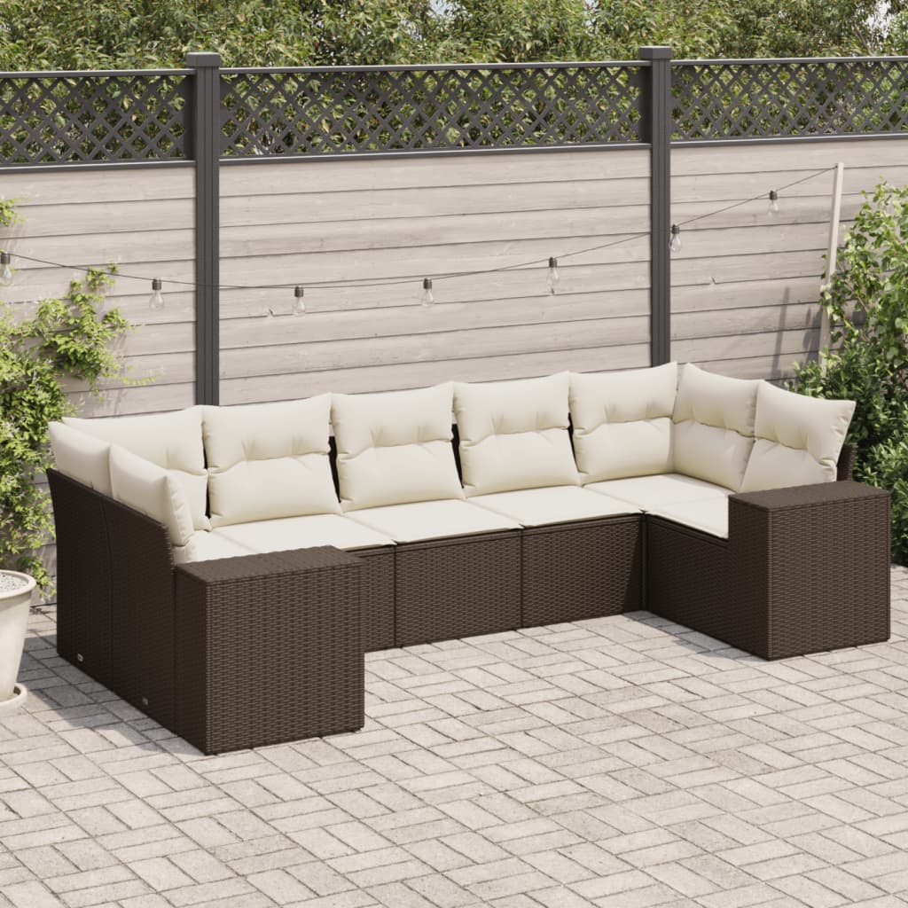 7 Pcs conjunto de sofás jardim c/ almofadões vime PE castanho
