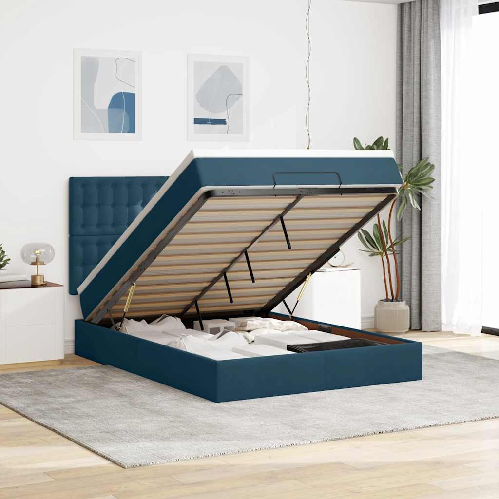 Estrutura cama otomana colchões 140x190 cm veludo azul escuro
