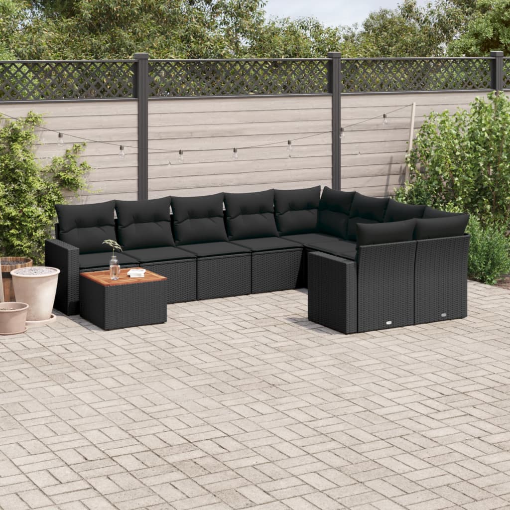 10 Pcs conjunto sofás de jardim c/ almofadões vime PE preto