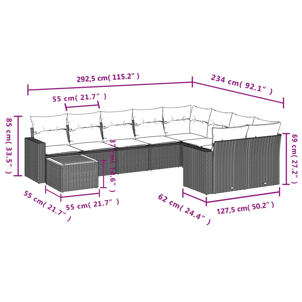 10 Pcs conjunto sofás de jardim c/ almofadões vime PE preto