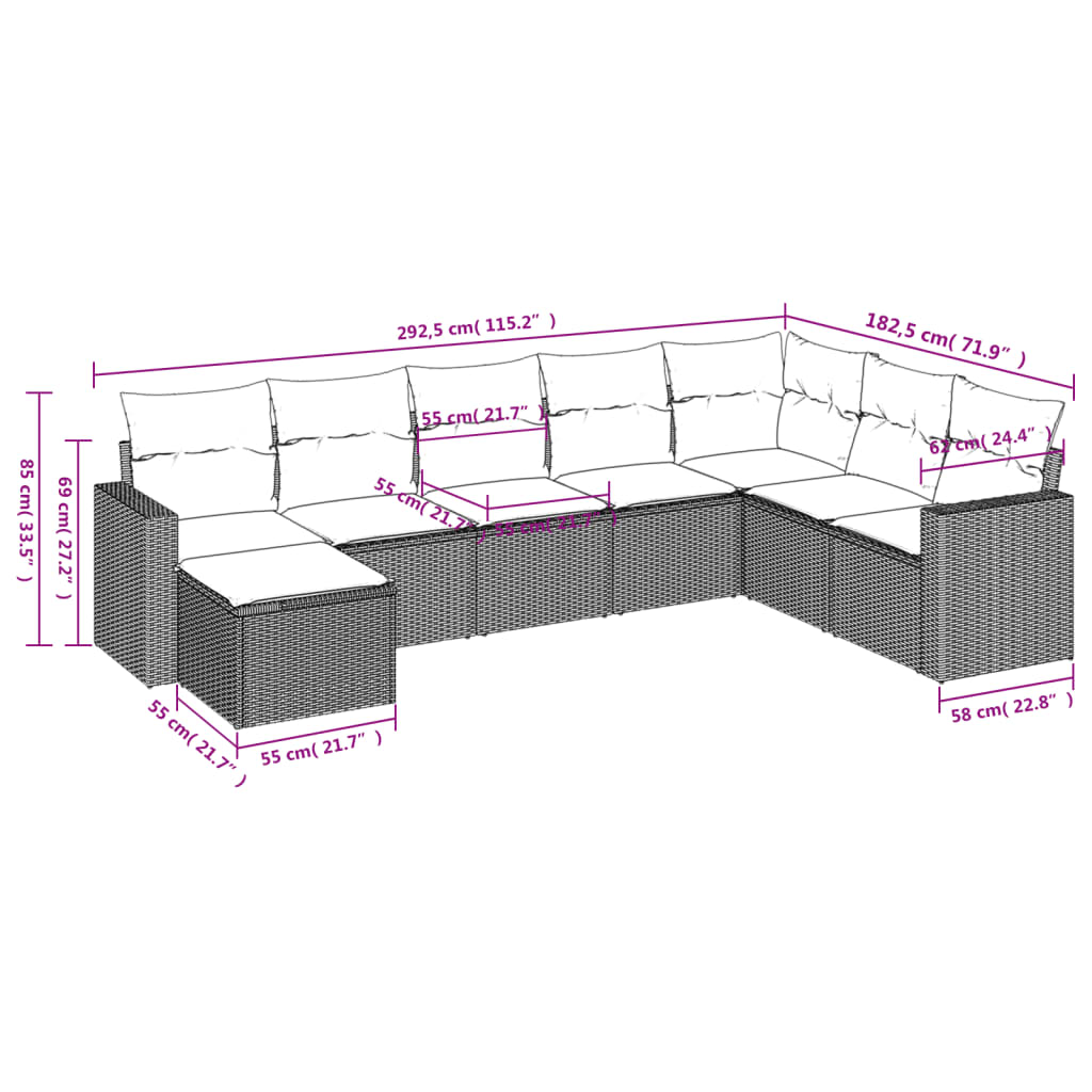 8 Pcs conjunto de sofás p/ jardim com almofadões vime PE bege