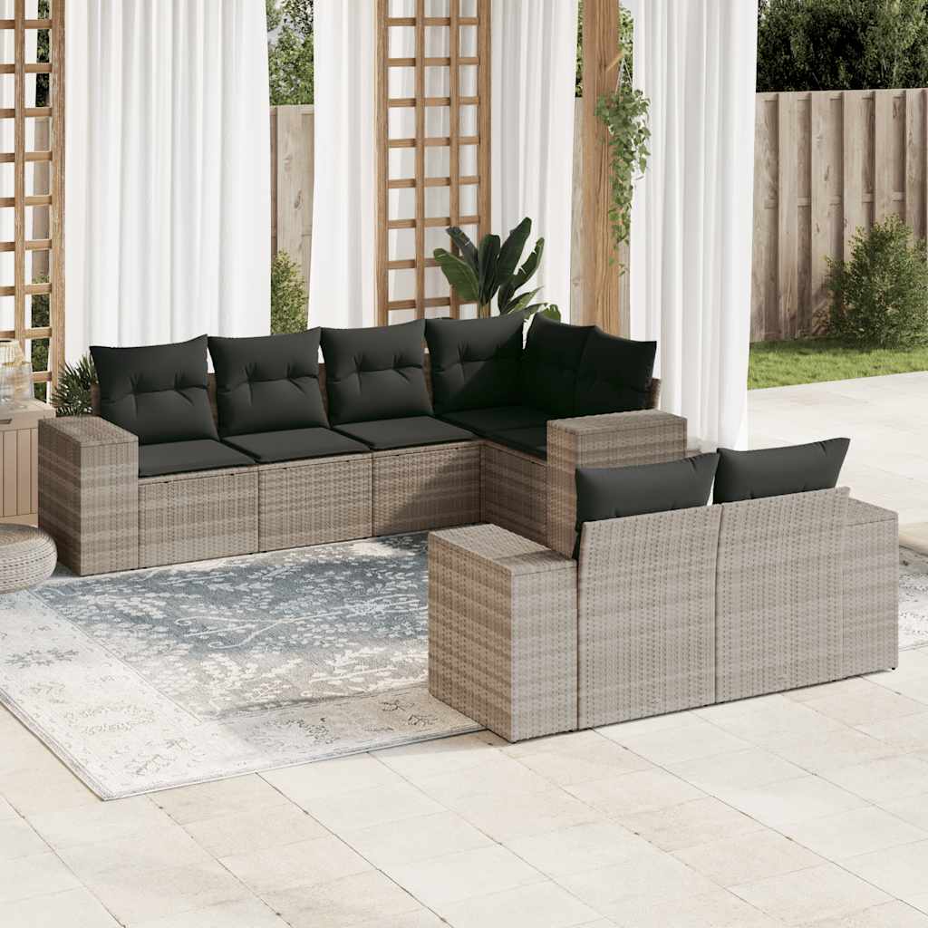 7 Pcs conj. sofás jardim com almofadões vime PE cinzento-claro