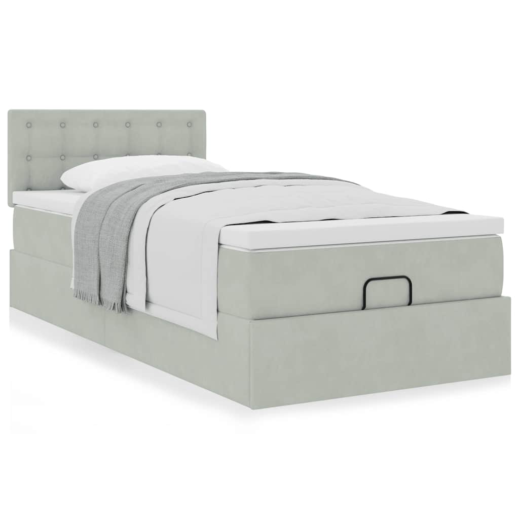 Estrutura de cama otomana com colchão cinza claro veludo