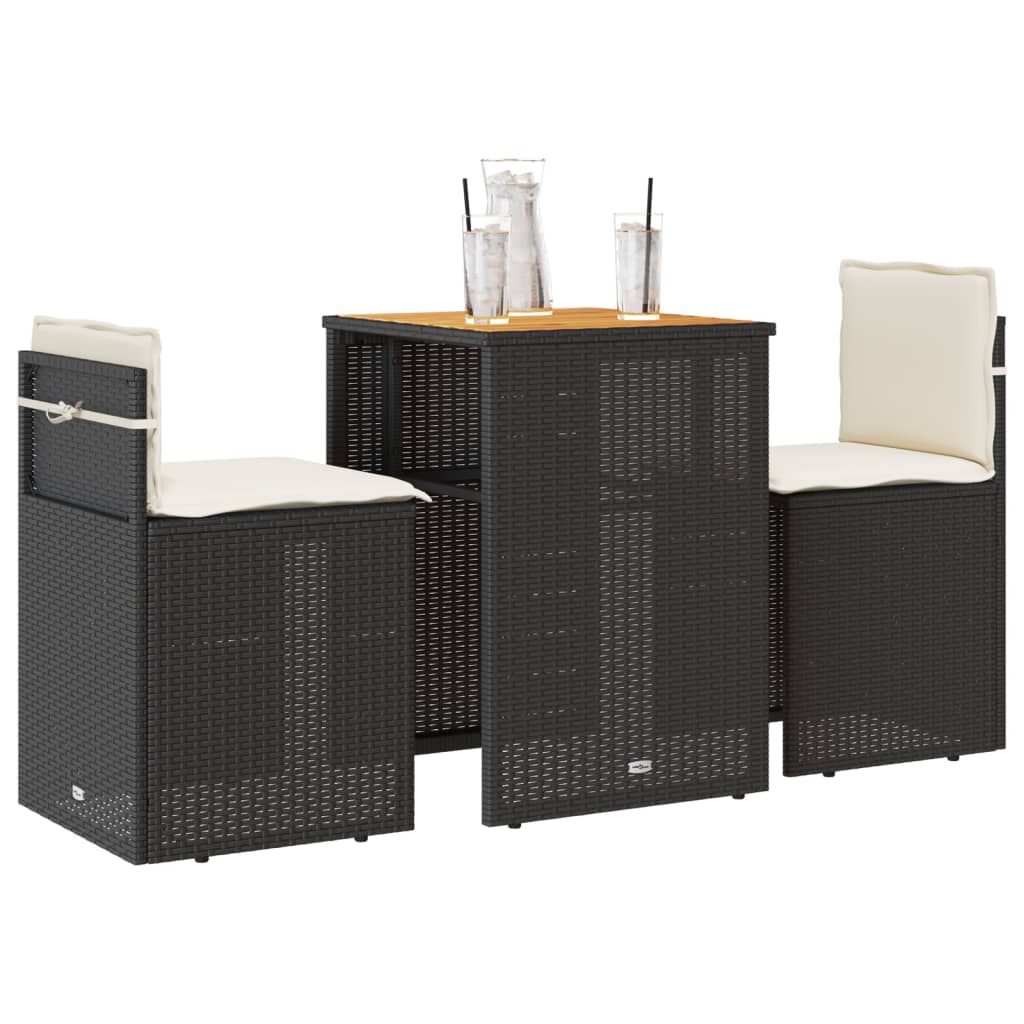 3 Pcs conjunto de bistrô com almofadões vime PE preto