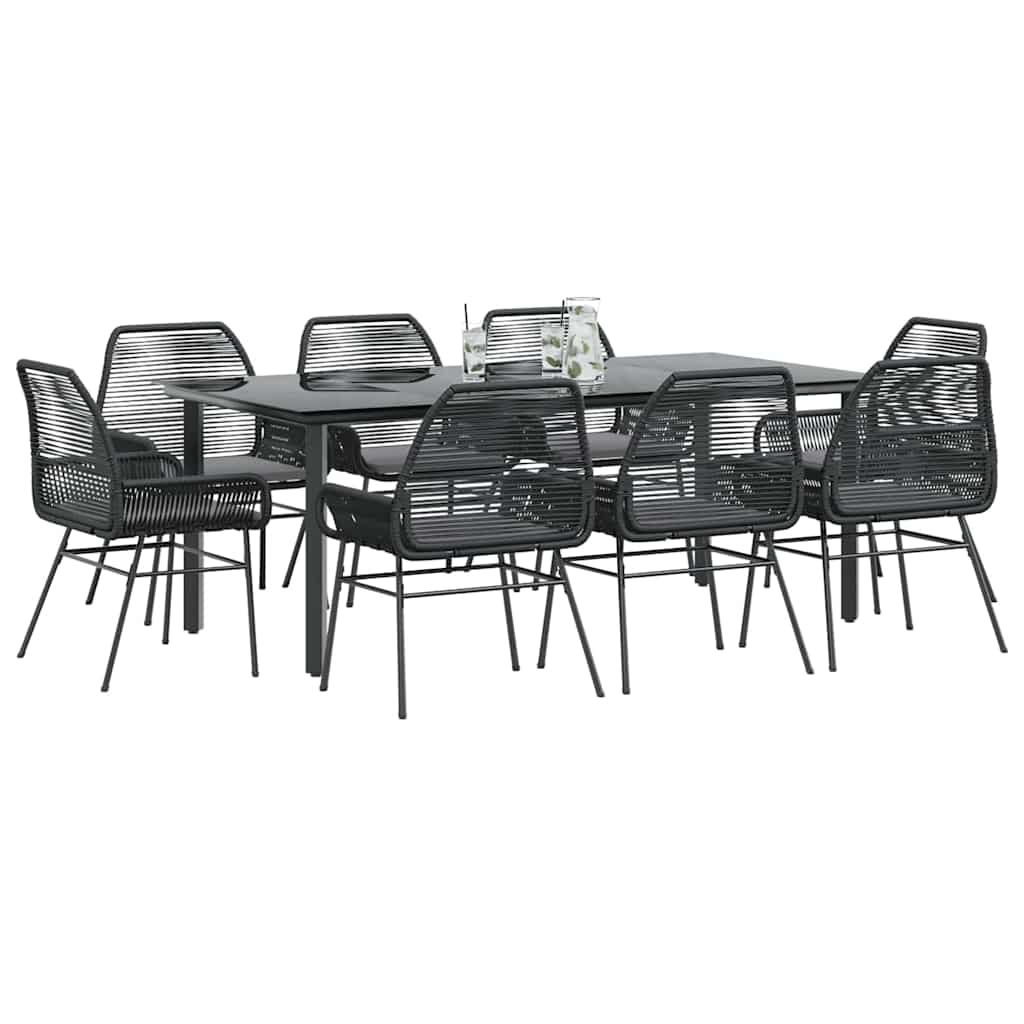 Conjunto de jantar jardim 9 peças almofadas vidro vime PE preto