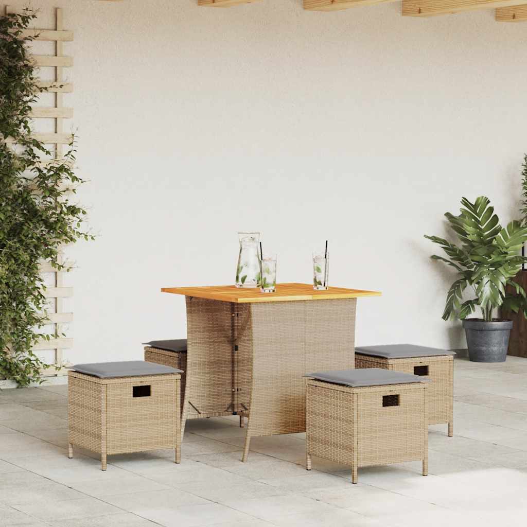 5 Pcs conjunto de jantar p/ jardim com almofadões vime PE bege