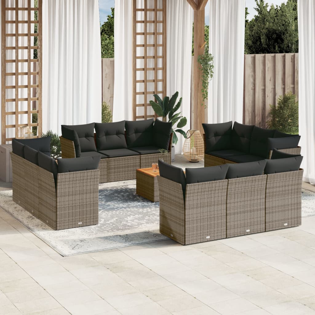 13 Pcs conjunto sofás p/ jardim c/ almofadões vime PE cinzento