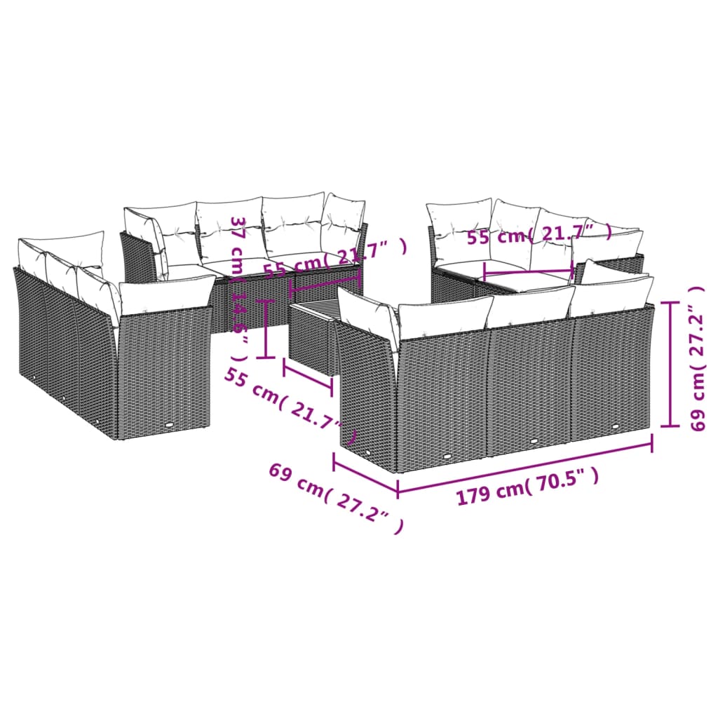 13 Pcs conjunto sofás p/ jardim c/ almofadões vime PE cinzento