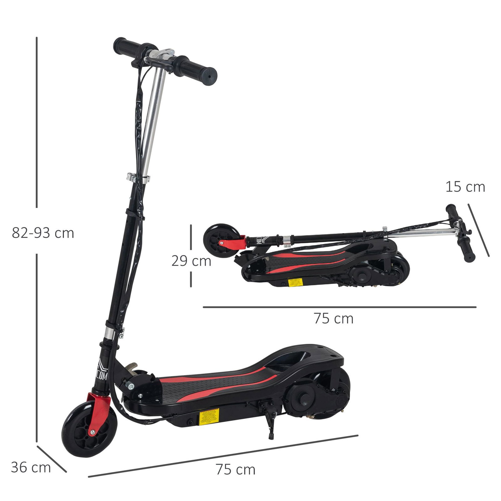 Trotinete Elétrico Dobrável para Crianças de 7-14 anos Suporta até 50kg com Altura Ajustável 75x36x82-93cm Preto