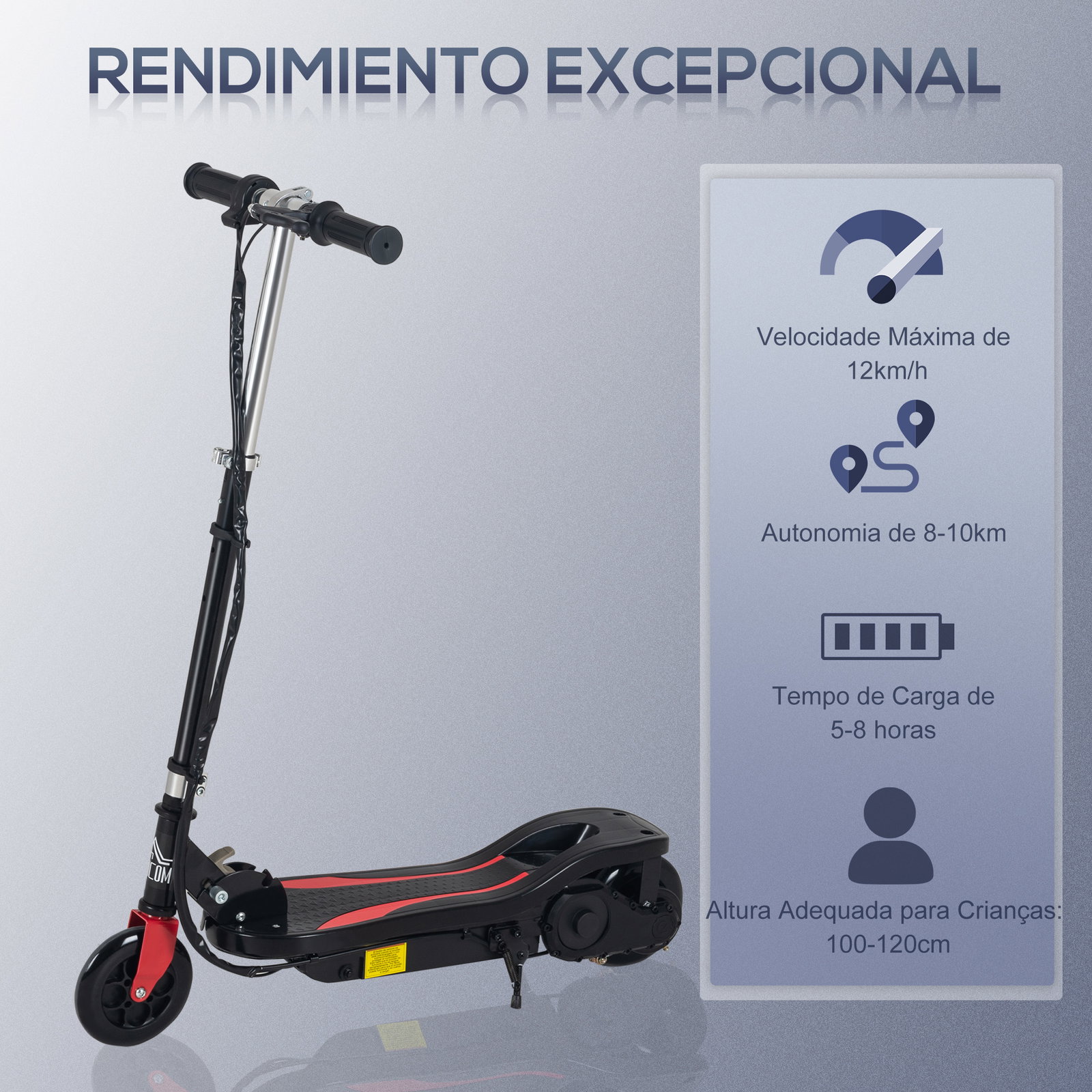 Trotinete Elétrico Dobrável para Crianças de 7-14 anos Suporta até 50kg com Altura Ajustável 75x36x82-93cm Preto